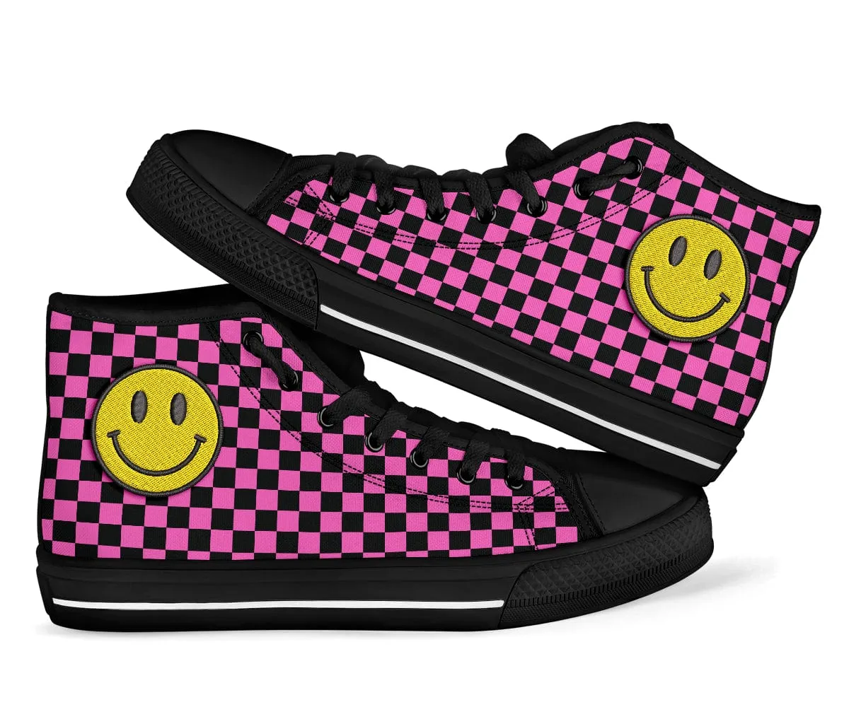 Pink Checkered Smiling Face Embroidered High Top Shoes
