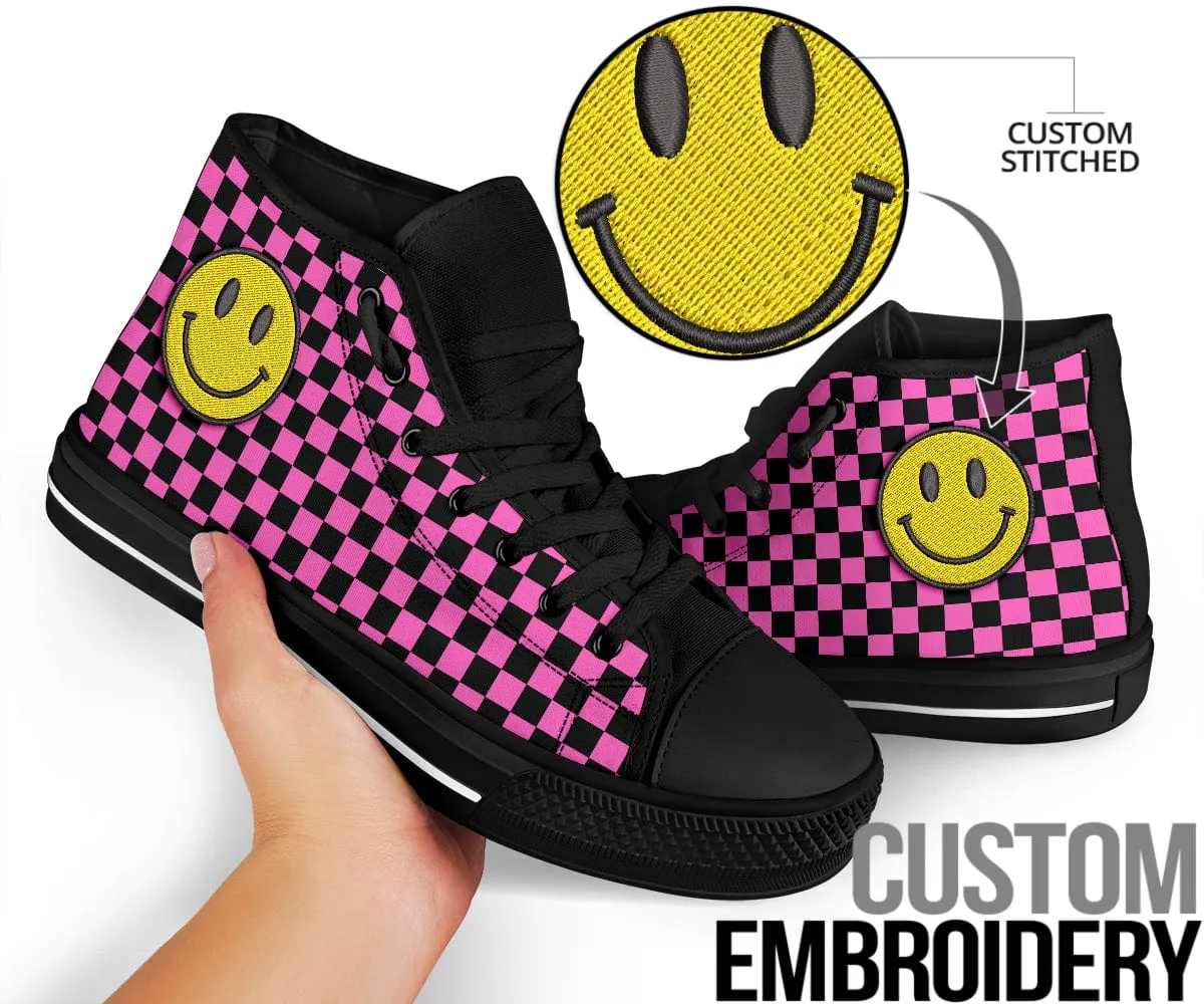 Pink Checkered Smiling Face Embroidered High Top Shoes