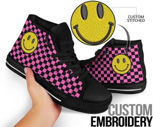 Pink Checkered Smiling Face Embroidered High Top Shoes