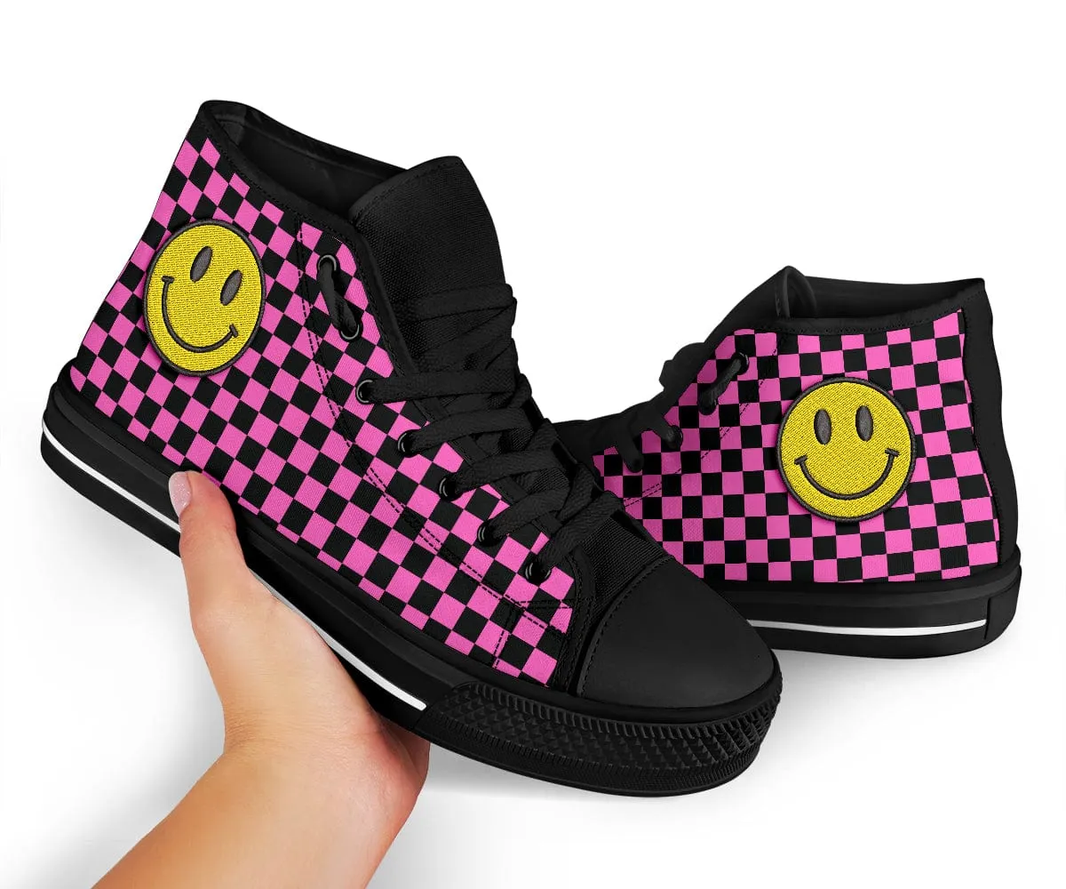 Pink Checkered Smiling Face Embroidered High Top Shoes