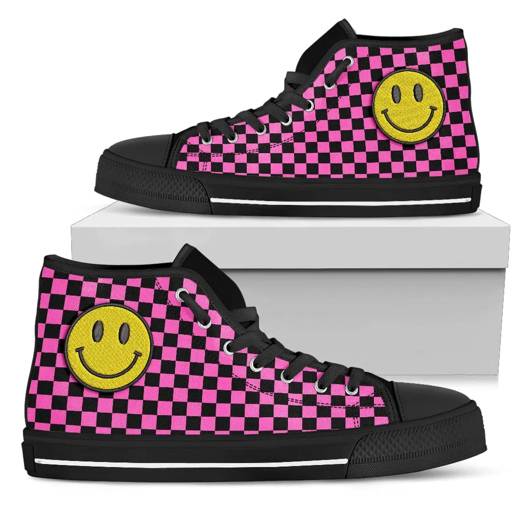 Pink Checkered Smiling Face Embroidered High Top Shoes