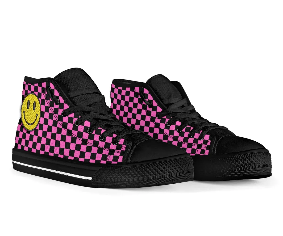 Pink Checkered Smiling Face Embroidered High Top Shoes