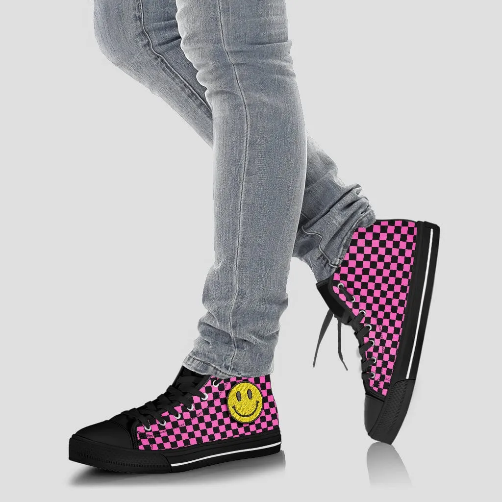 Pink Checkered Smiling Face Embroidered High Top Shoes