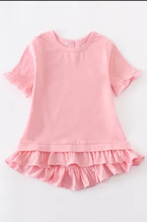 Pink Short Sleeve Cotton Tee with Ruffle Trim