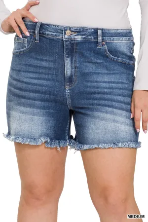 PLUS MID RISE RAW FRAYED HEM DENIM SHORT
