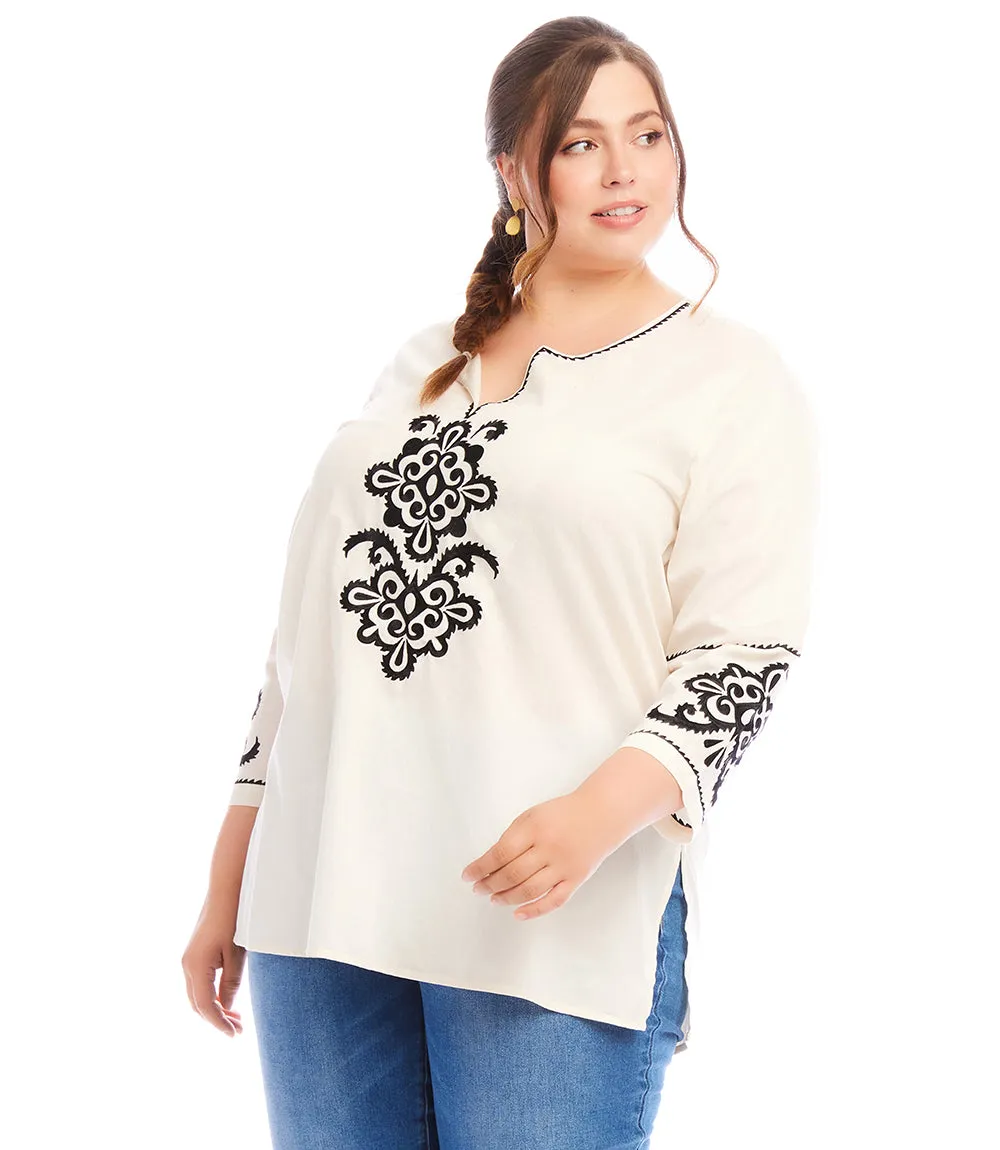 Plus Size 3/4 Sleeve Embroidered Tunic