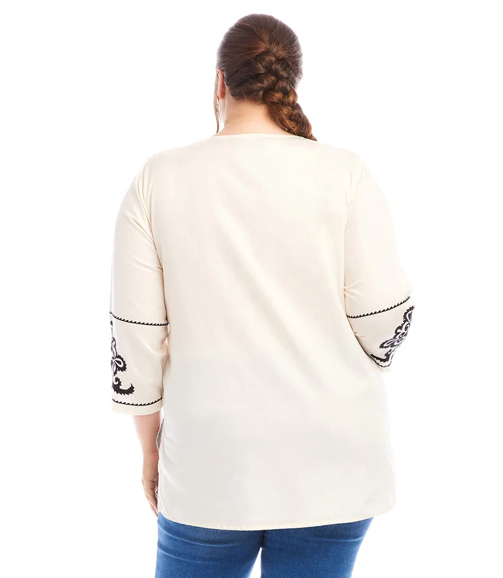 Plus Size 3/4 Sleeve Embroidered Tunic