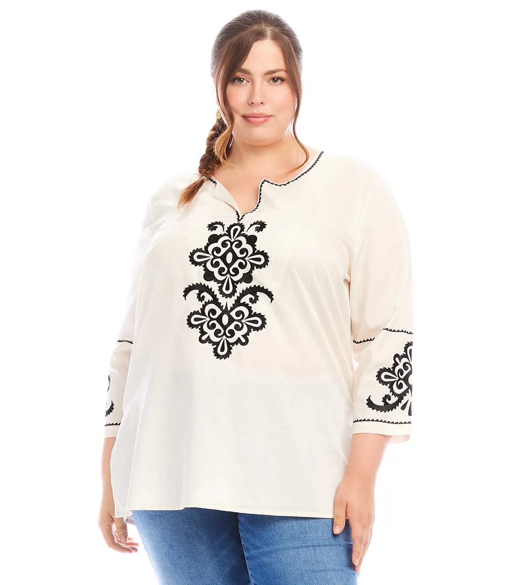 Plus Size 3/4 Sleeve Embroidered Tunic