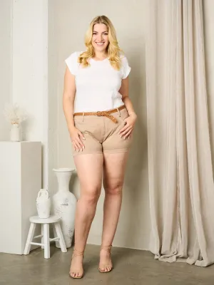 PLUS SIZE BUTTON CLOSURE POCKETS BELTED SHORT