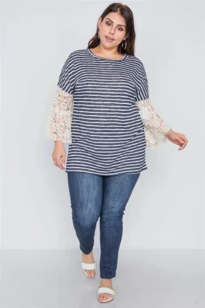 Plus Size Navy Taupe Stripe Lace Sleeves Knit Top /2-3-3
