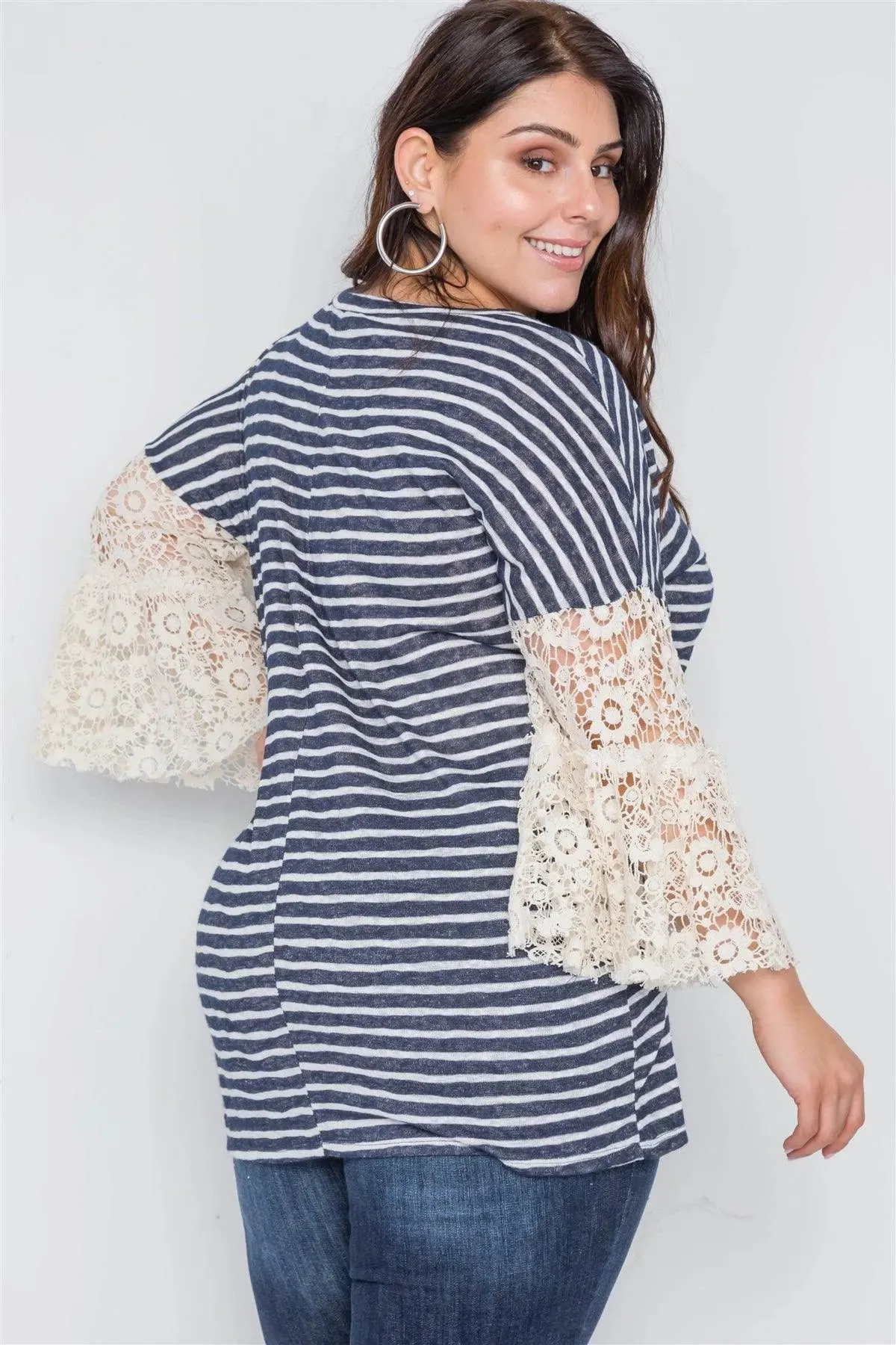 Plus Size Navy Taupe Stripe Lace Sleeves Knit Top /2-3-3