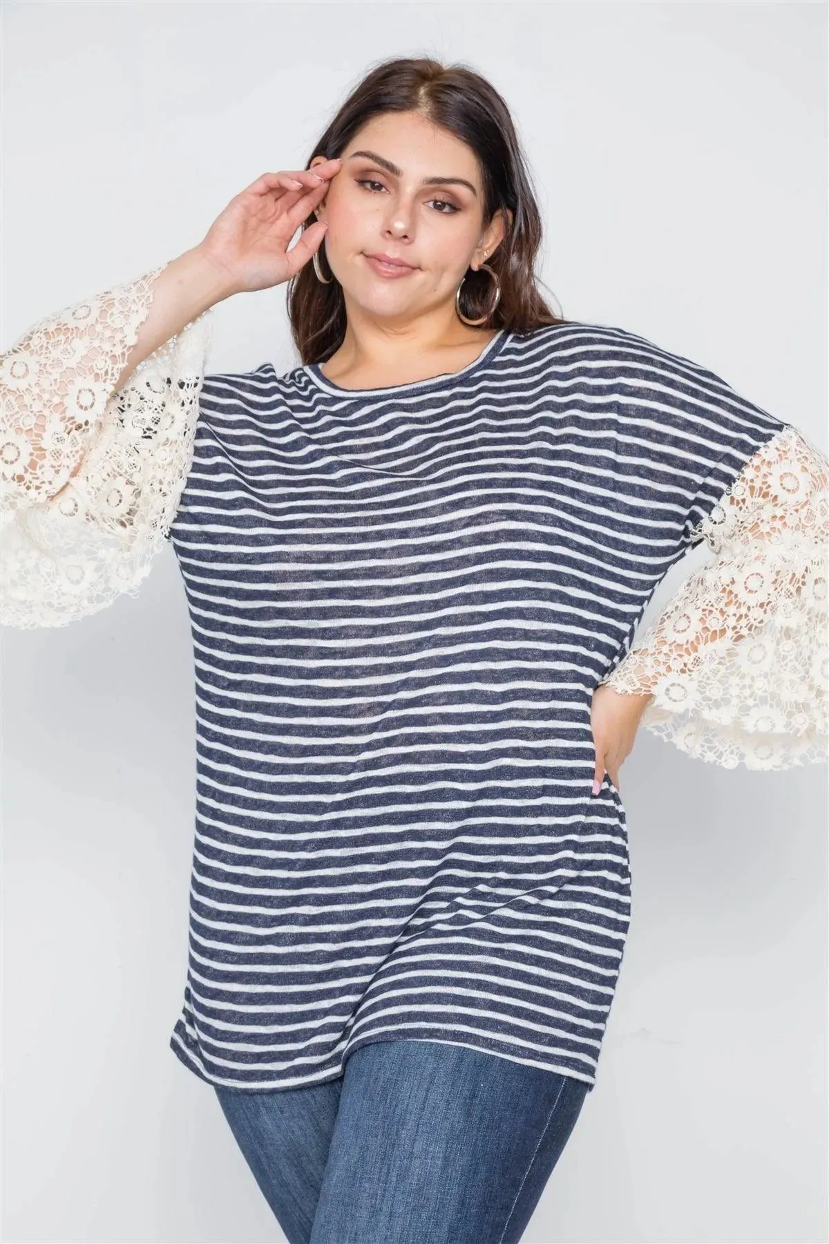 Plus Size Navy Taupe Stripe Lace Sleeves Knit Top /2-3-3