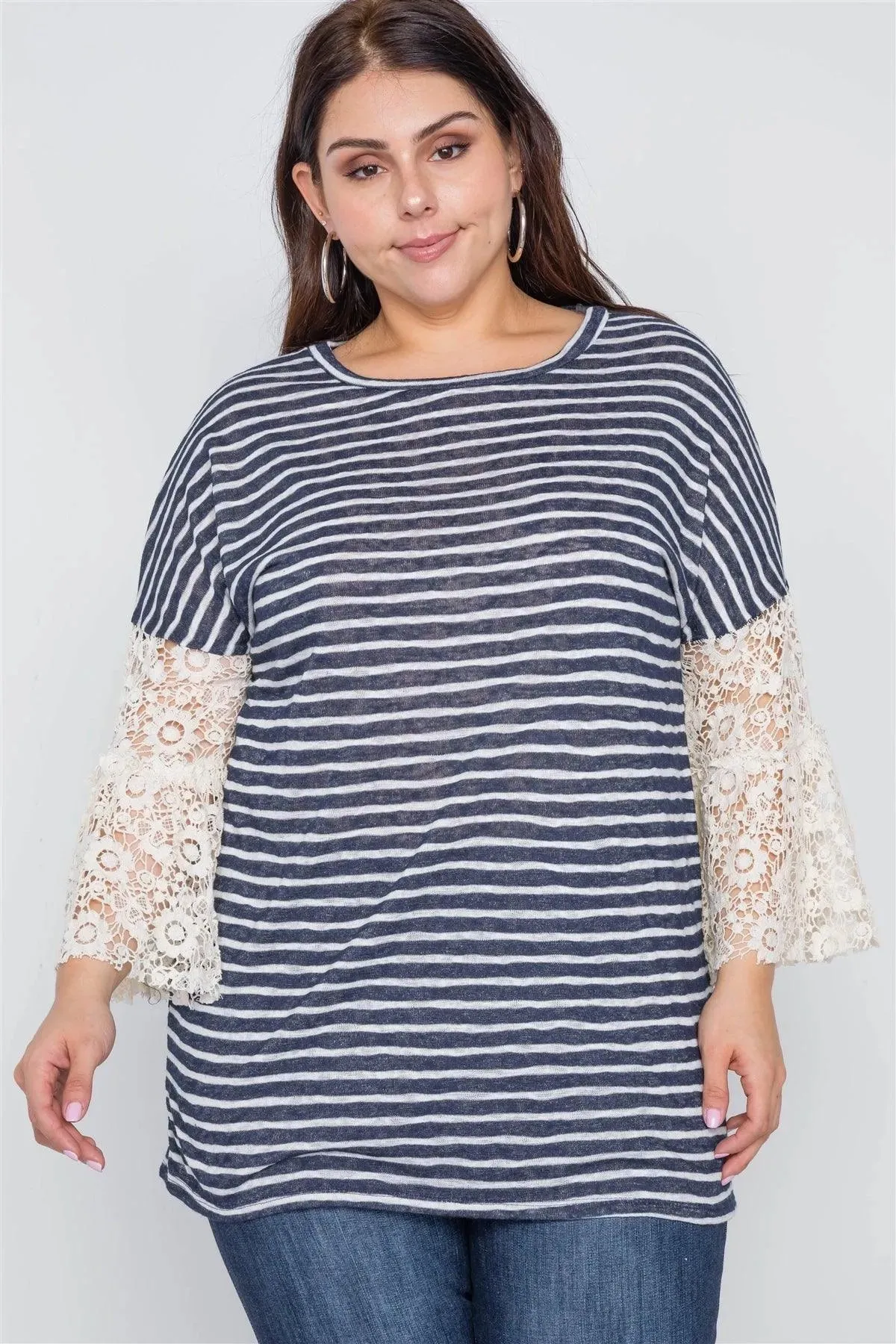 Plus Size Navy Taupe Stripe Lace Sleeves Knit Top /2-3-3