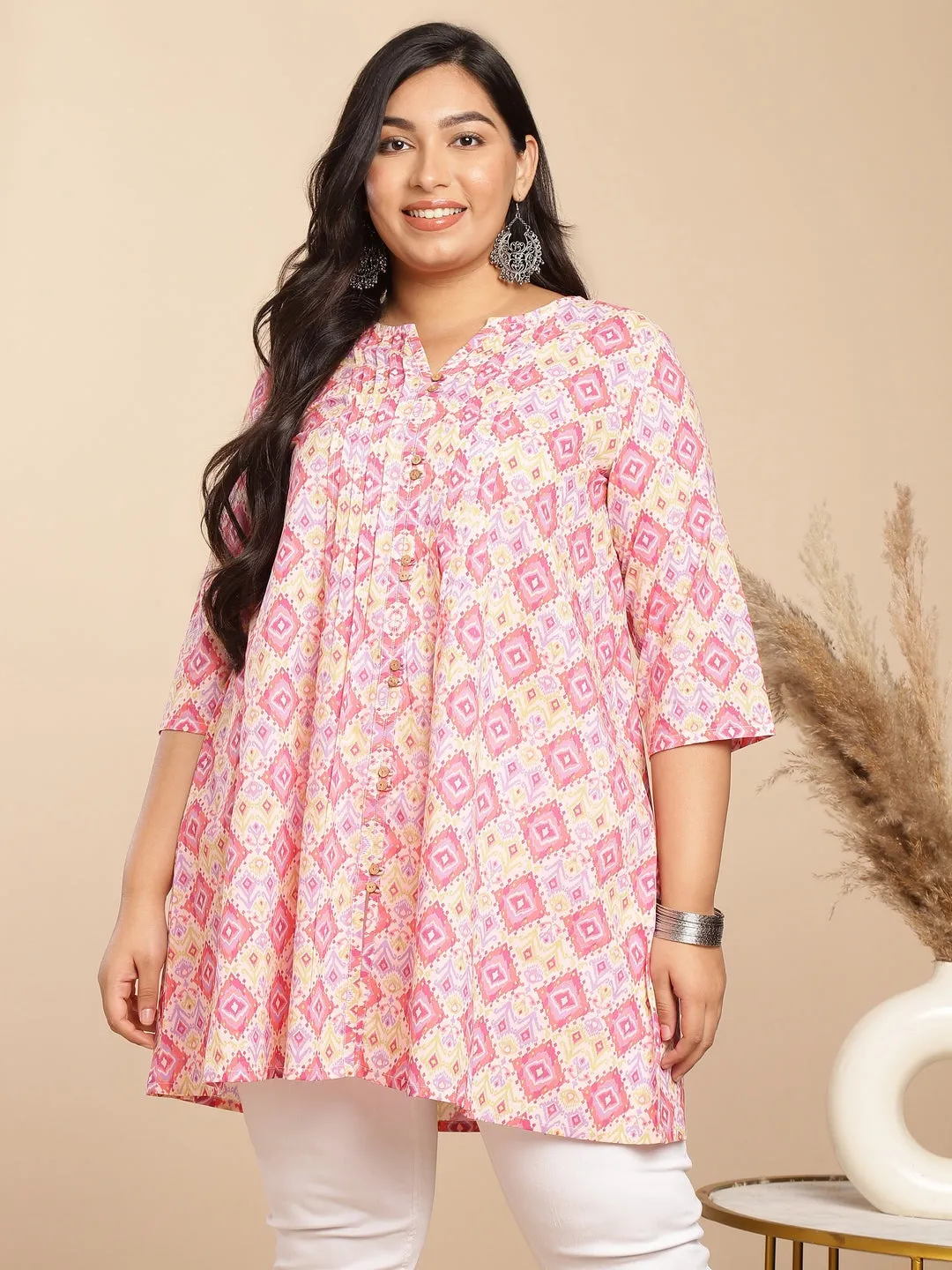 Plus Size Pink Cotton Ikkat Pleated Tunic
