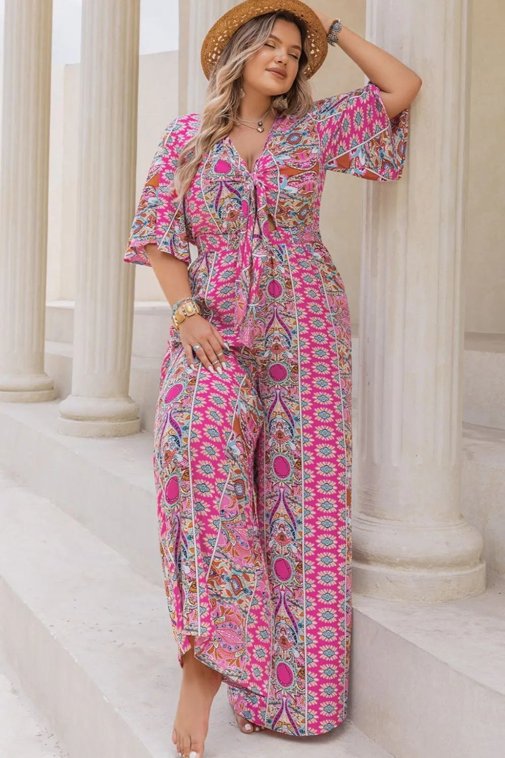 Plus Size Printed Half Sleeve Wide Leg Jumpsuit