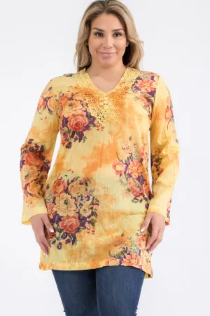Plus Size Vintage Yellow Floral Tunic with Lace Appliqué