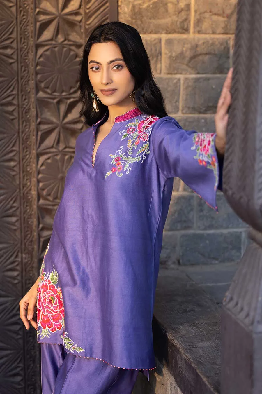 Purple Embroidered Tunic & Pant Set
