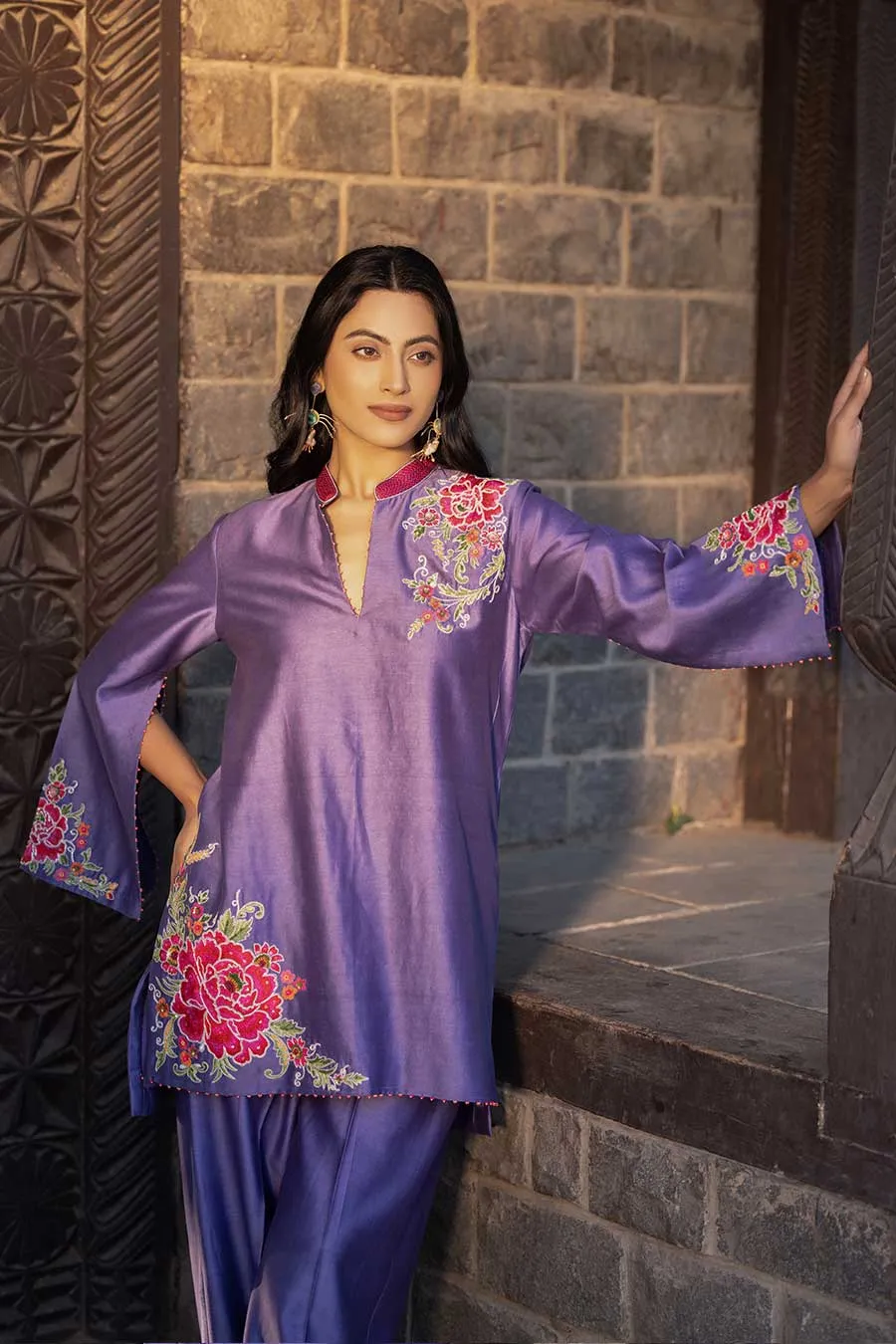 Purple Embroidered Tunic & Pant Set