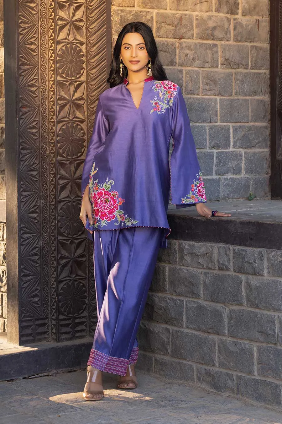 Purple Embroidered Tunic & Pant Set