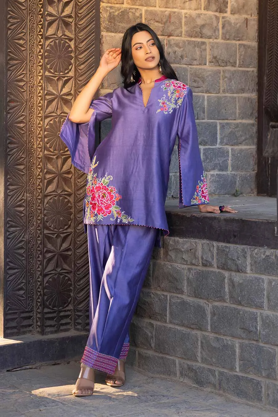 Purple Embroidered Tunic & Pant Set