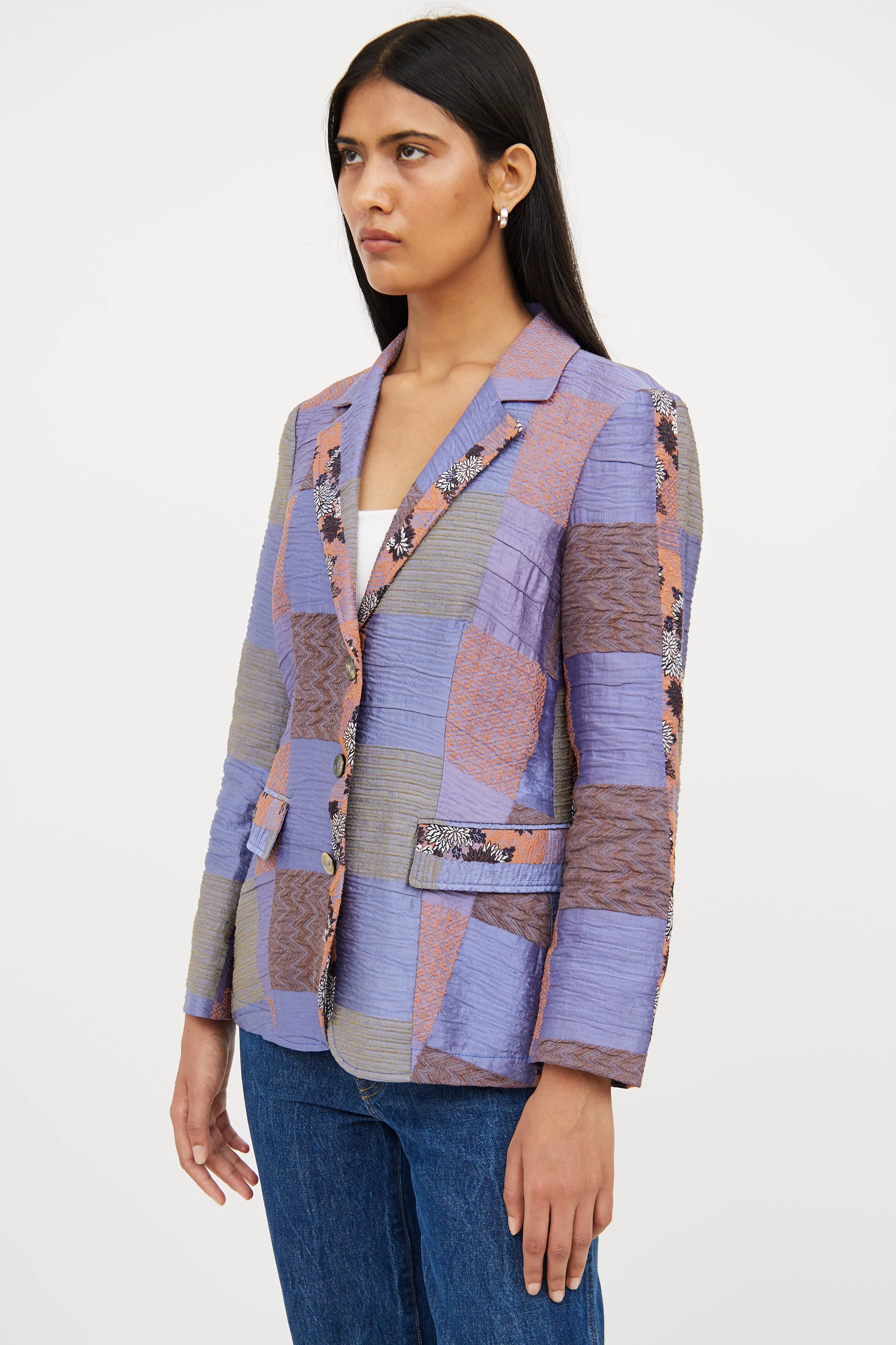 Purple Linen Blend Patchwork Blazer