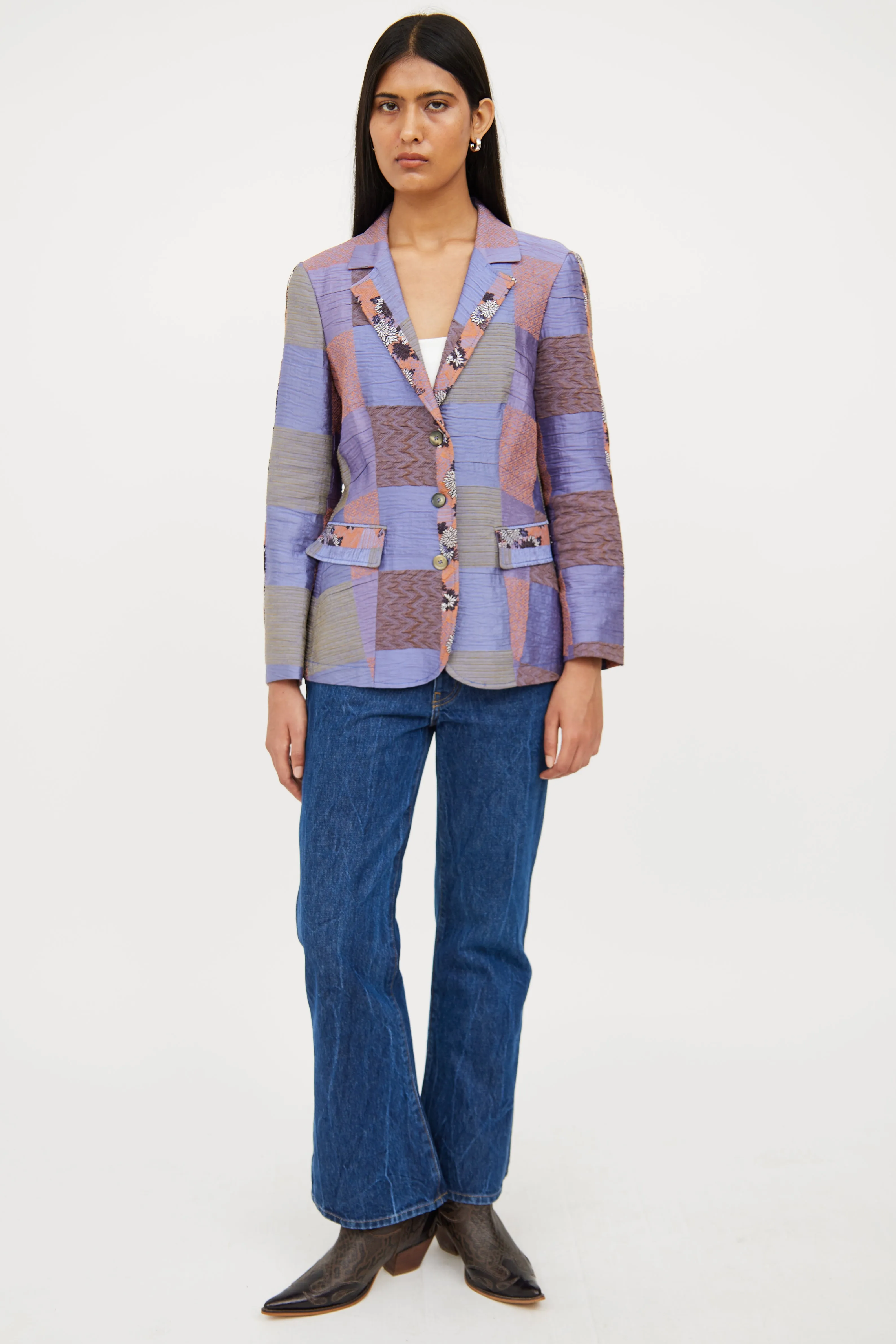 Purple Linen Blend Patchwork Blazer