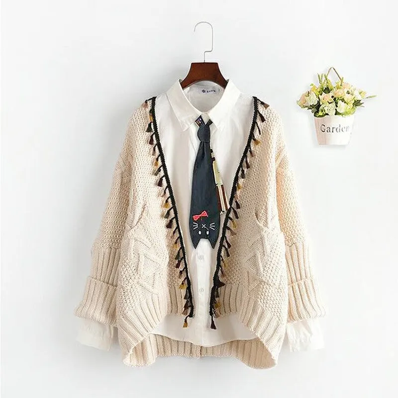 "CUTE EMBROIDERED CAT TIE" LONG SLEEVE SHIRT K102008
