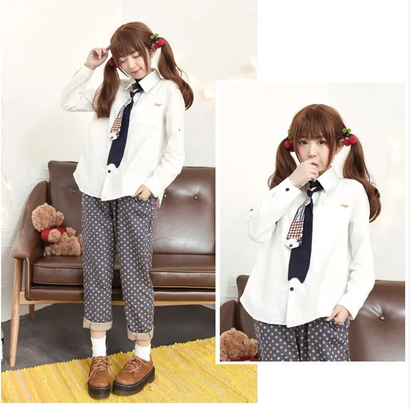 "CUTE EMBROIDERED CAT TIE" LONG SLEEVE SHIRT K102008