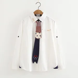 "CUTE EMBROIDERED CAT TIE" LONG SLEEVE SHIRT K102008