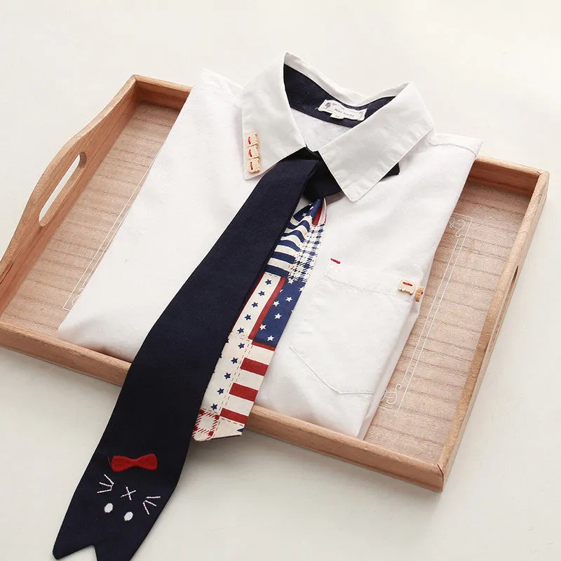 "CUTE EMBROIDERED CAT TIE" LONG SLEEVE SHIRT K102008