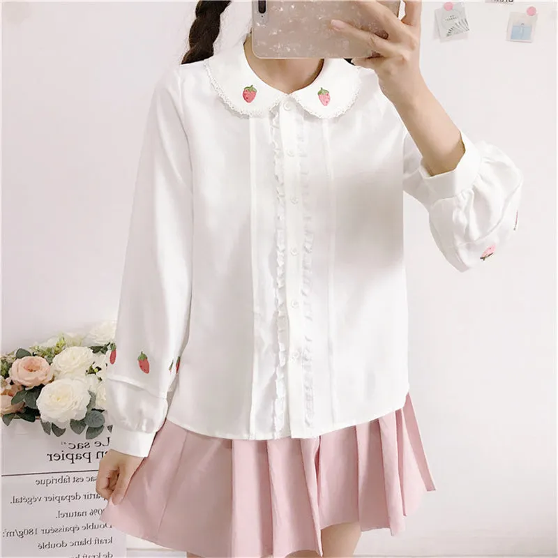 "EMBROIDERED STRAWBERRY DOLL COLLAR LANTERN SLEEVE" SHIRT K111909