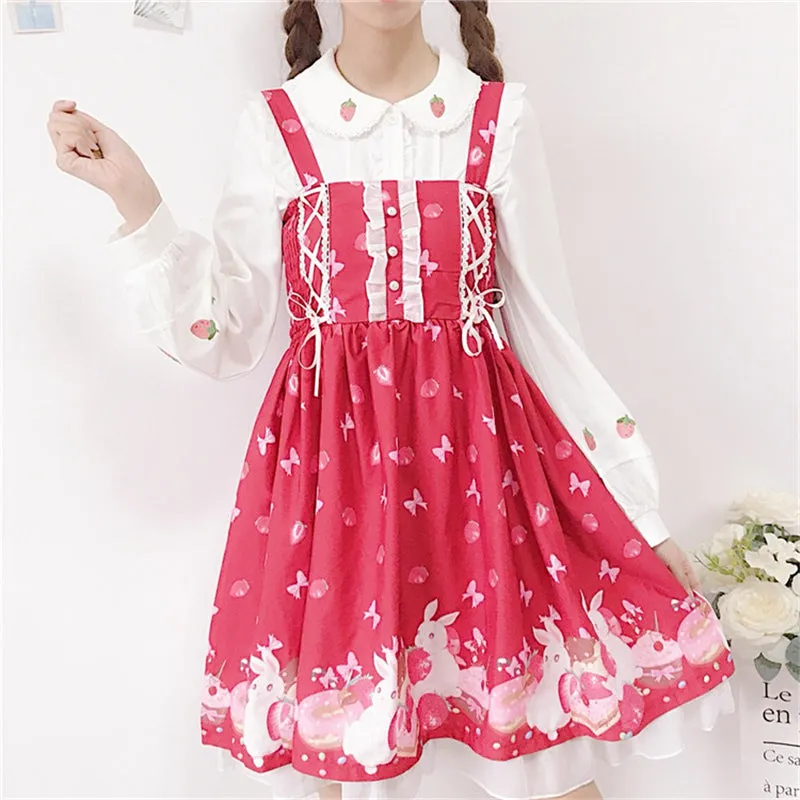"EMBROIDERED STRAWBERRY DOLL COLLAR LANTERN SLEEVE" SHIRT K111909