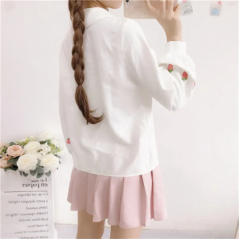 "EMBROIDERED STRAWBERRY DOLL COLLAR LANTERN SLEEVE" SHIRT K111909