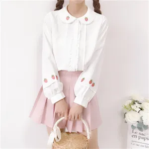 "EMBROIDERED STRAWBERRY DOLL COLLAR LANTERN SLEEVE" SHIRT K111909
