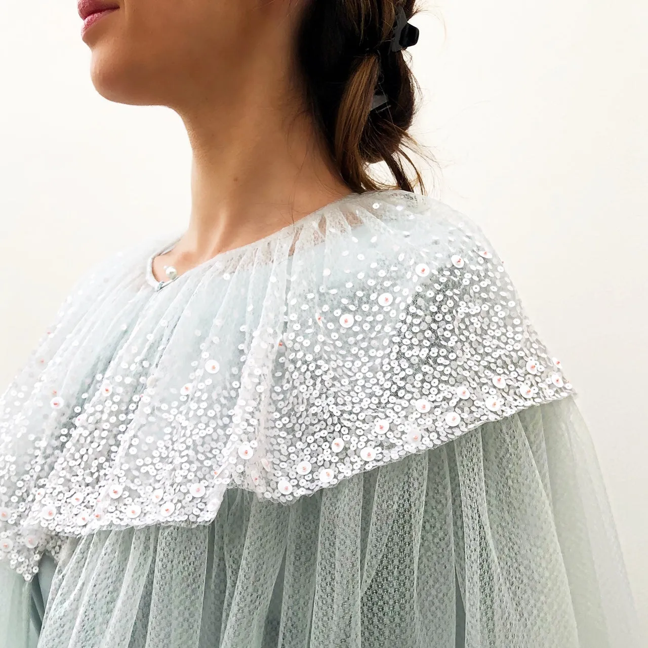 RAM19 AMNA PALE BLUE TULLE LAYERED ABAYA WITH SEQUINS