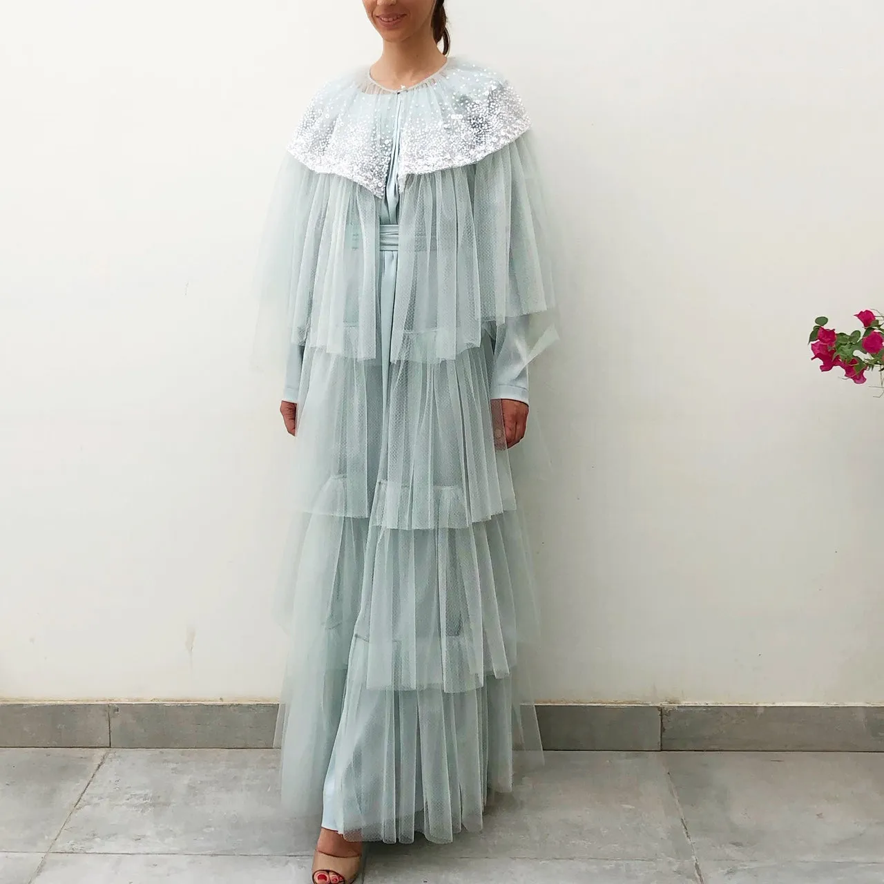 RAM19 AMNA PALE BLUE TULLE LAYERED ABAYA WITH SEQUINS