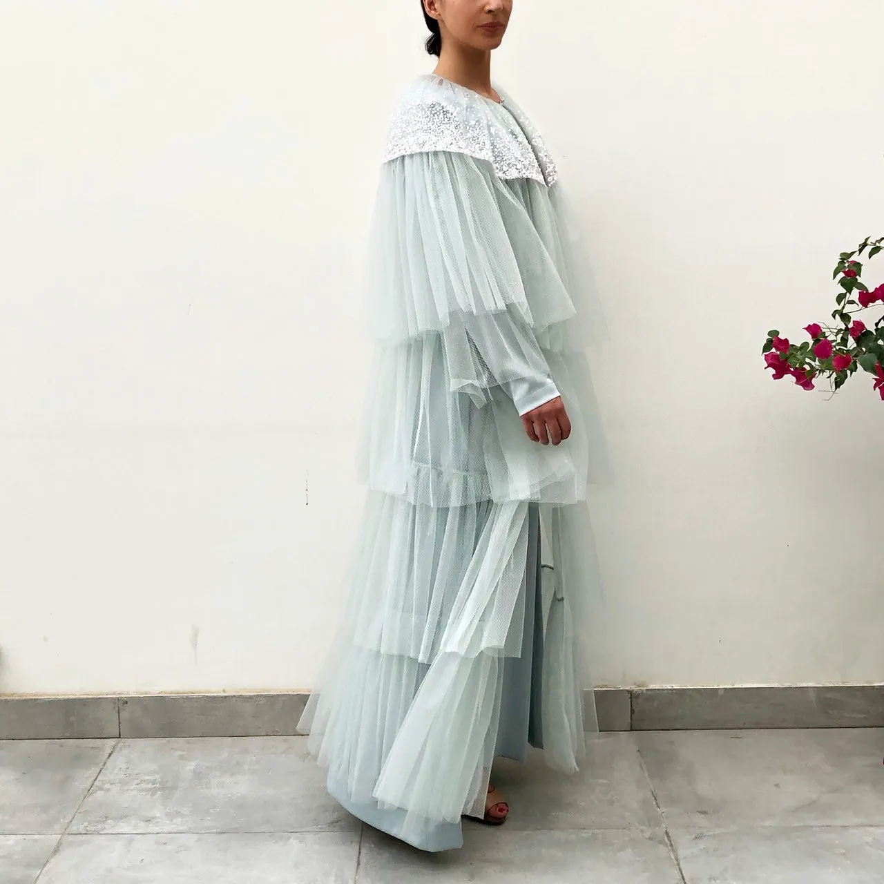 RAM19 AMNA PALE BLUE TULLE LAYERED ABAYA WITH SEQUINS
