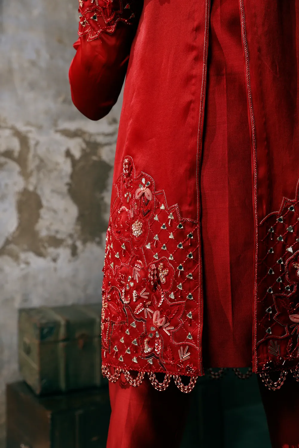 Red Organza Hand Embroidered tunic with pants set