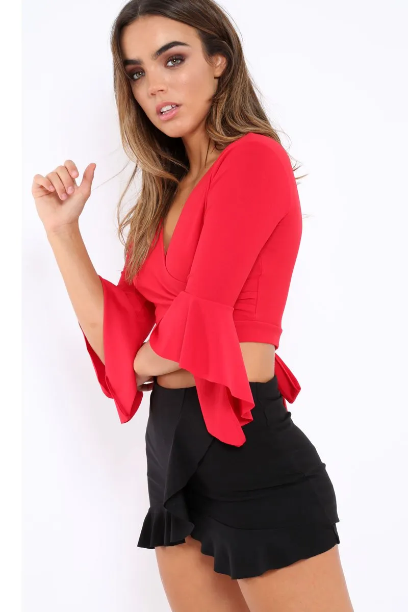 Red Plunge Bell Sleeve Crop Top - Merla