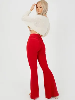Red Ruched Scrunch Back Slinky Flared Trousers