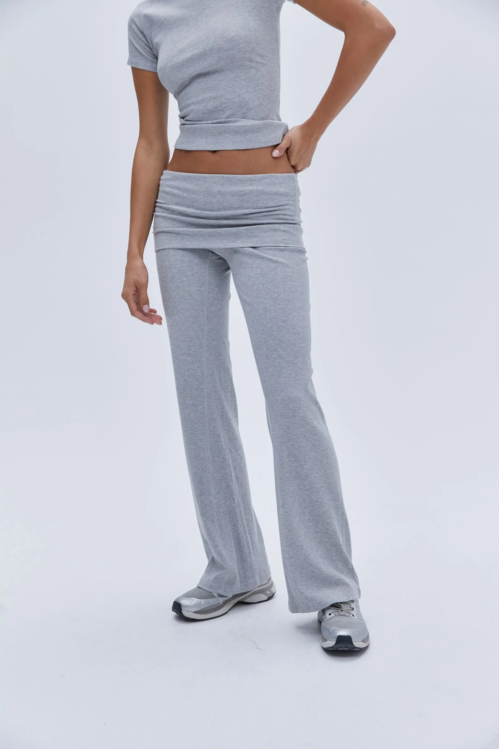 Rib Fold Over Pants - Grey Melange