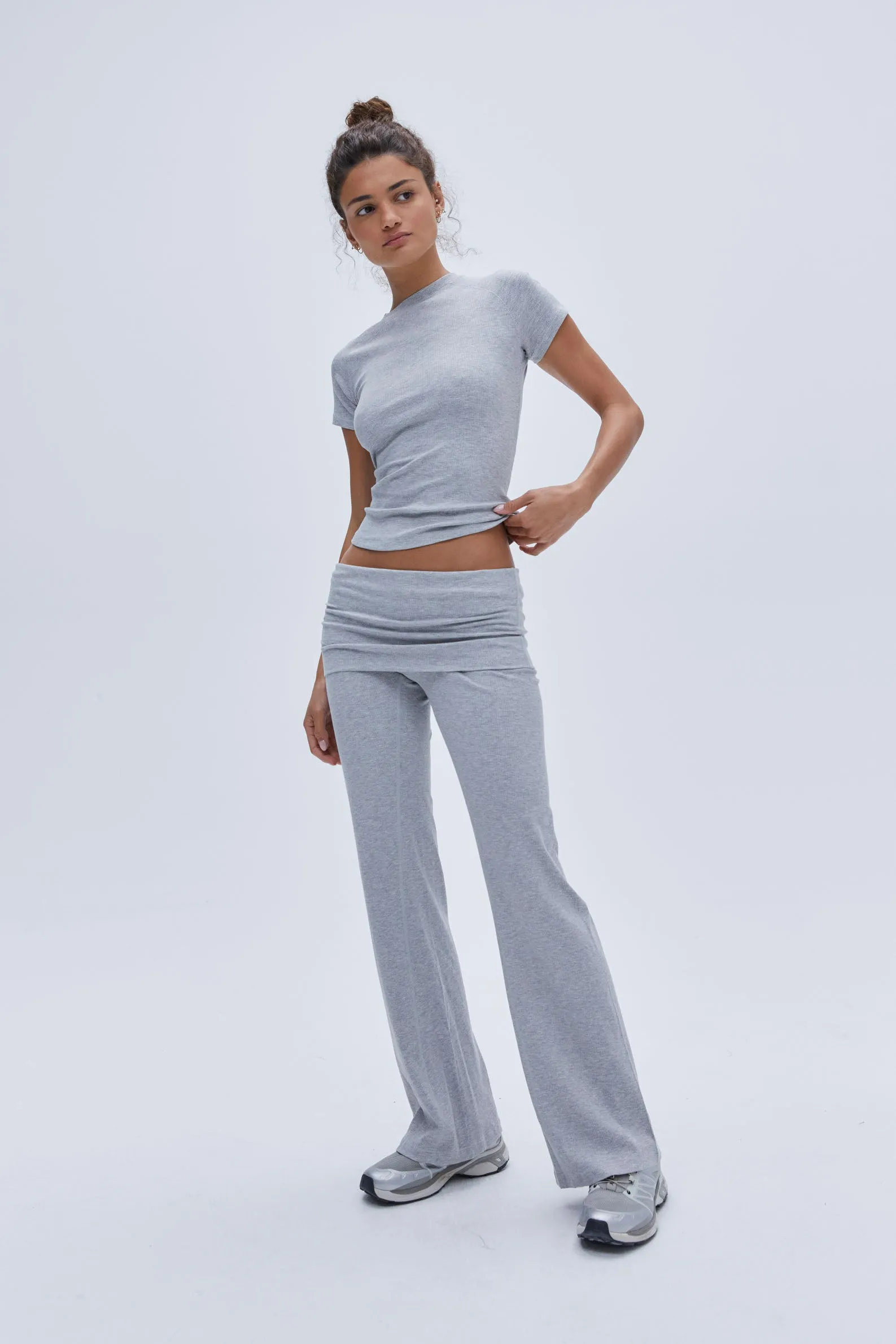 Rib Raglan Short Sleeve Top - Grey Melange