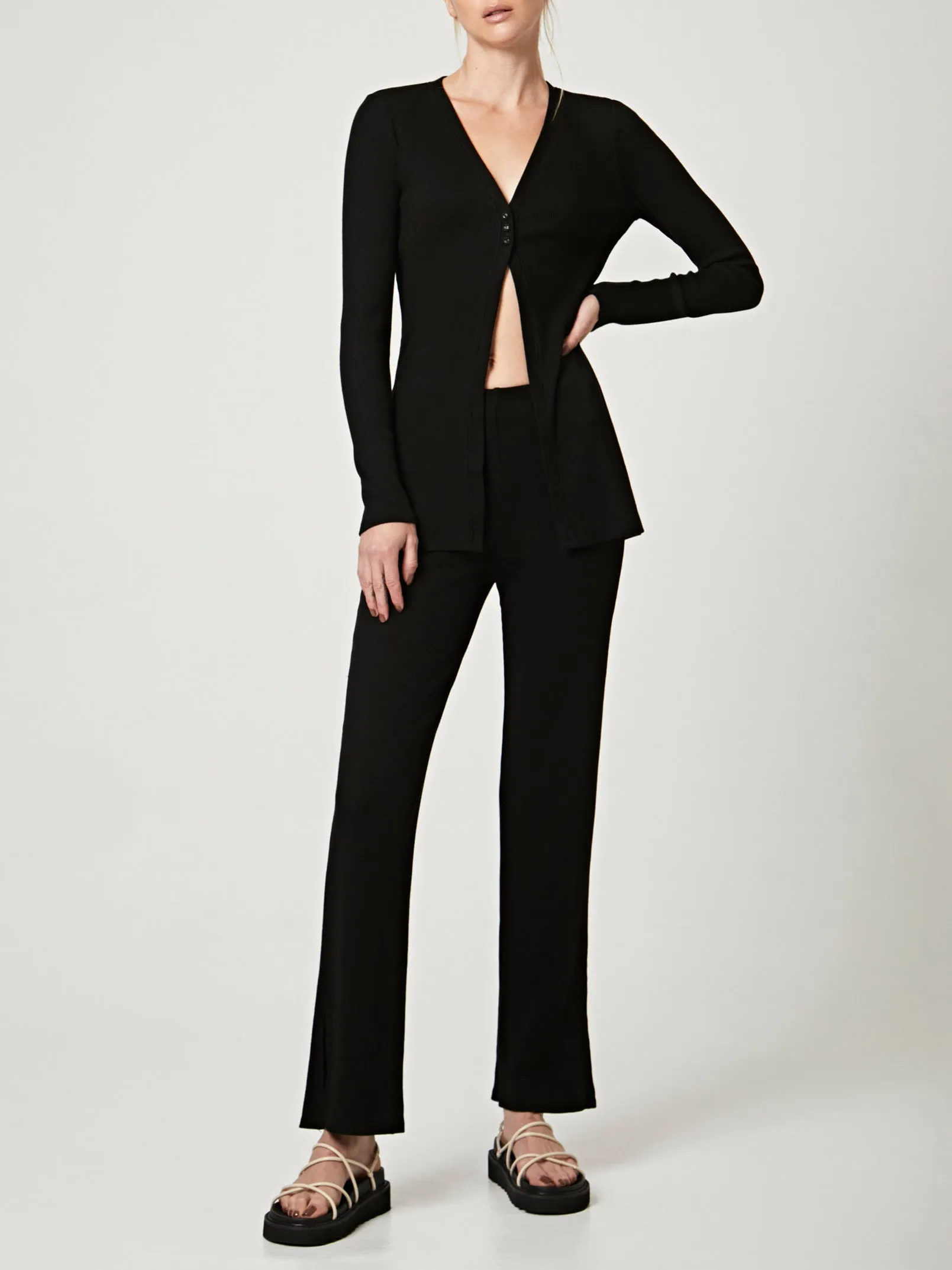 Ribbed High Waisted Slit Pant