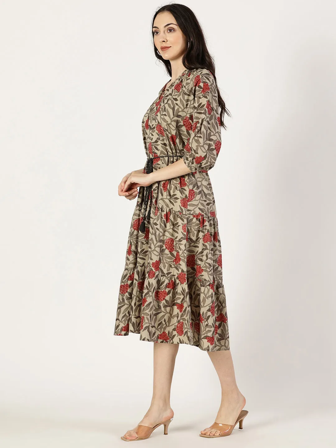 Rust Tropical Print Cotton Dress with Waist Tie-up
