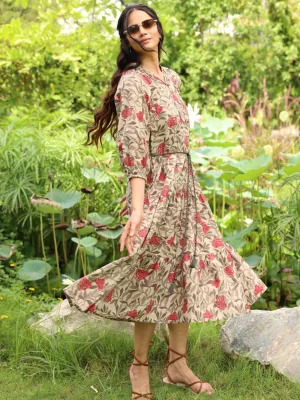 Rust Tropical Print Cotton Dress with Waist Tie-up