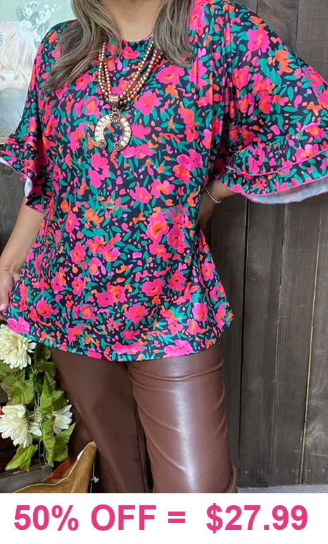 S, M, L : Pink abstract flower bell sleeve blouse