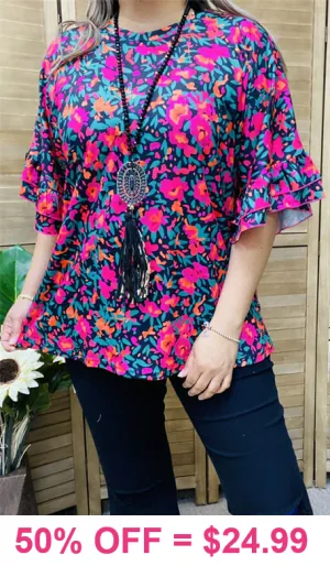 S, M, L : Pink abstract flower bell sleeve blouse