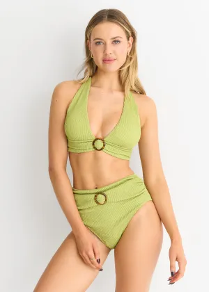 Sage Green Textured High Waisted Bottoms with Ring Belt Detail