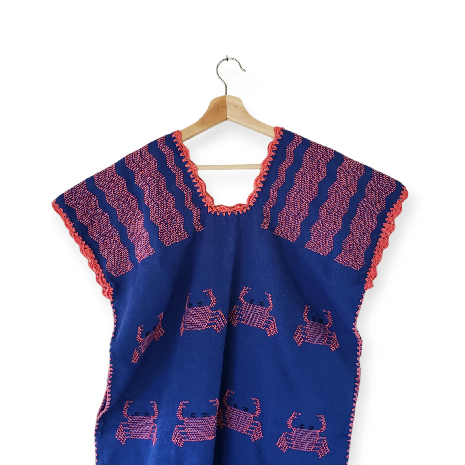 San Juan Colorado Huipil Dress - Blue / Pink Crabs