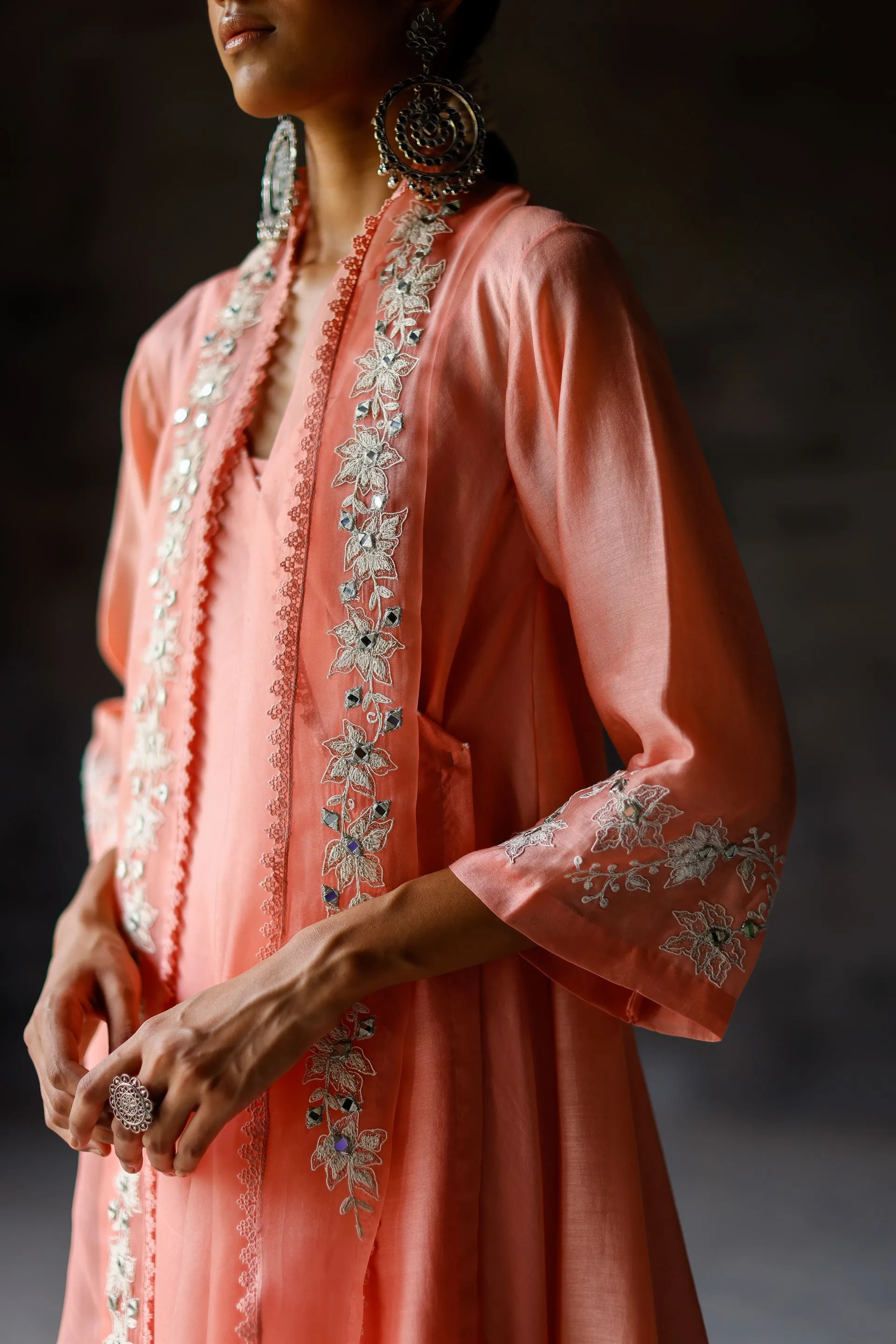 Shikha Mehta Oprah Koral Amaya Angarakha Set Chanderi Silk Koral Paak Ss24-Smca02